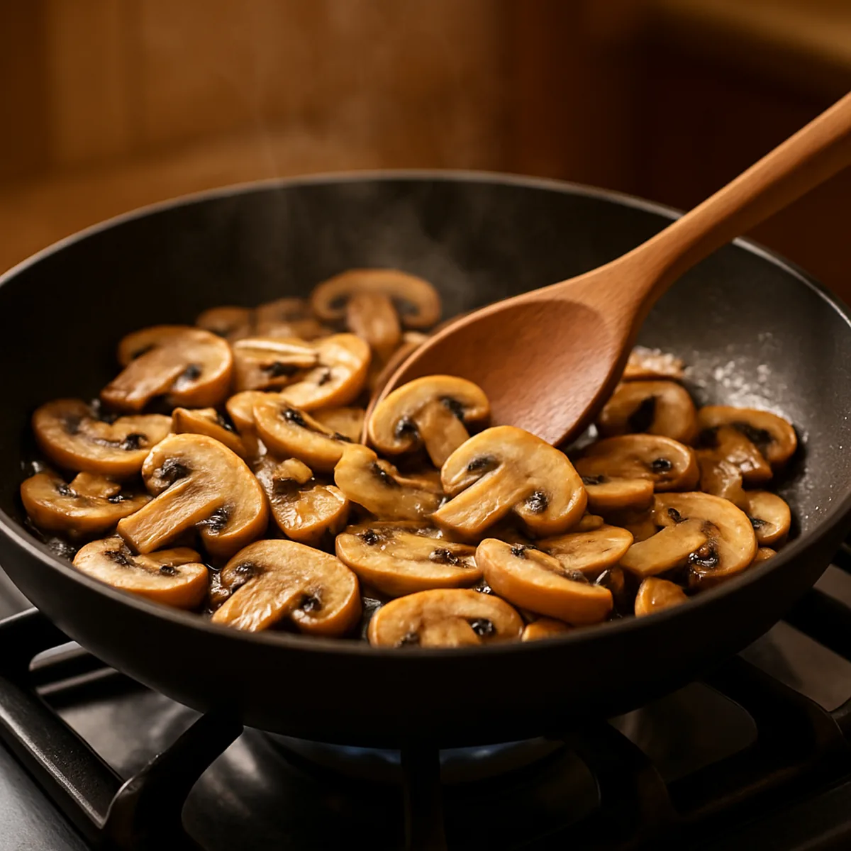 Gesneden paddenstoelen in een koekenpan op het fornuis