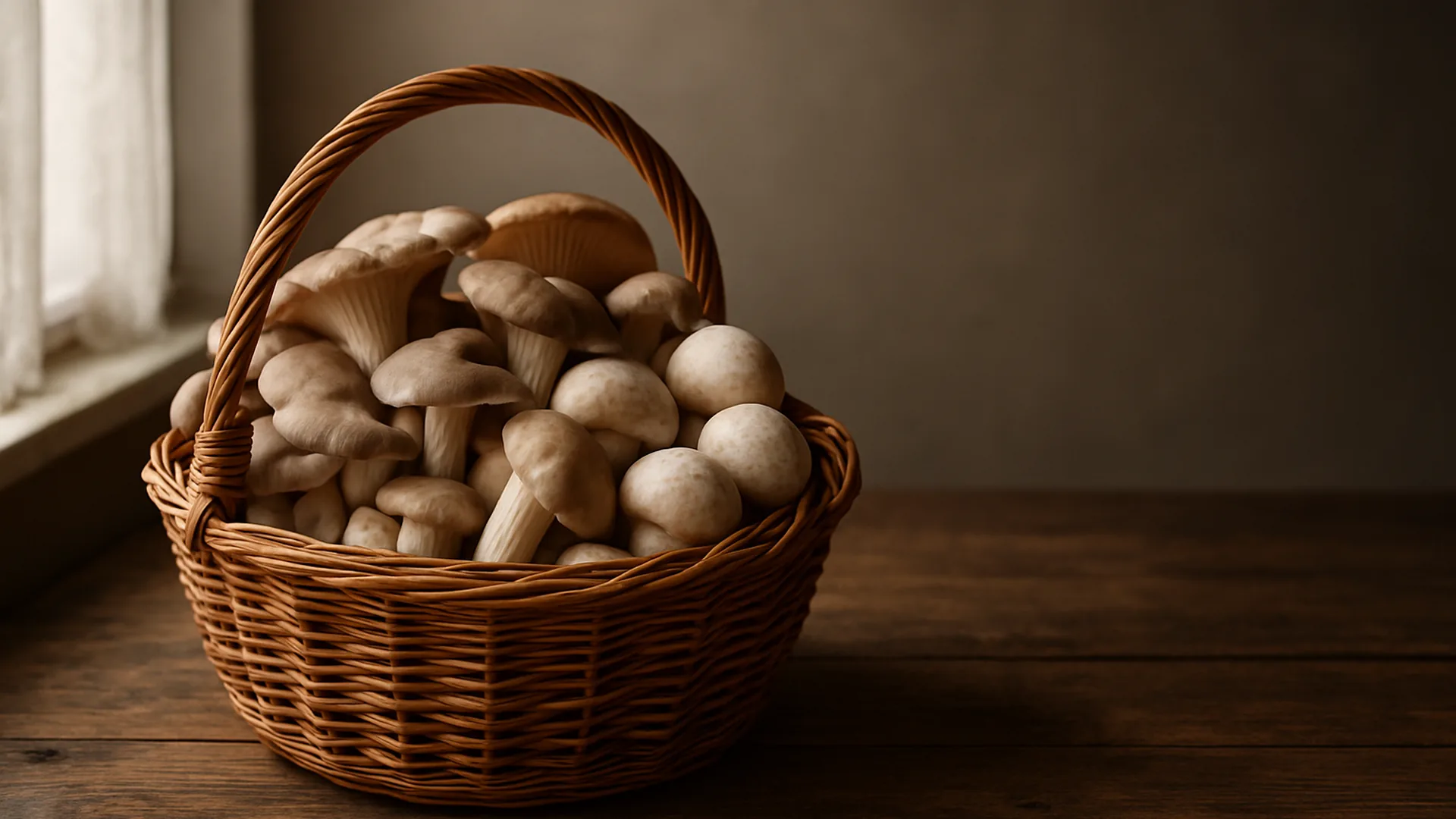 Rieten mand met gekweekte oesterzwammen en champignons op een keukentafel